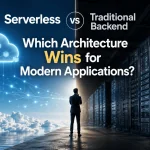 Illustration comparing serverless and traditional backend architecture, highlighting scalability, cloud infrastructure, performance, cost efficiency, and modern application development.