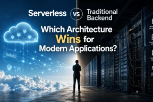 Illustration comparing serverless and traditional backend architecture, highlighting scalability, cloud infrastructure, performance, cost efficiency, and modern application development.