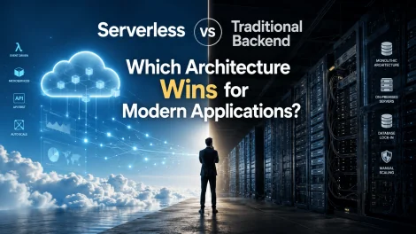 Illustration comparing serverless and traditional backend architecture, highlighting scalability, cloud infrastructure, performance, cost efficiency, and modern application development.